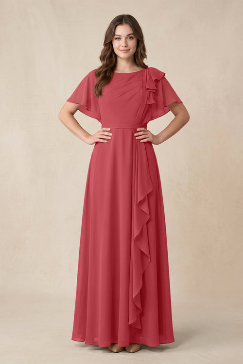 Short Sleeves Bateau A - Line Chiffon Bridesmaid Dress in Merlot - KissProm Bridesmaid Dresses