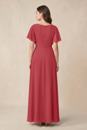 Short Sleeves Bateau A - Line Chiffon Bridesmaid Dress in Merlot - KissProm Bridesmaid Dresses