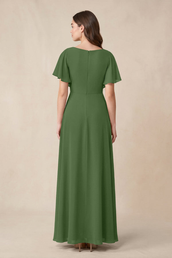 Short Sleeves Bateau A - Line Chiffon Bridesmaid Dress in Moss - KissProm Bridesmaid Dresses