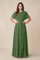 Short Sleeves Bateau A - Line Chiffon Bridesmaid Dress in Moss - KissProm Bridesmaid Dresses