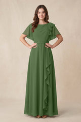 Short Sleeves Bateau A - Line Chiffon Bridesmaid Dress in Moss - KissProm Bridesmaid Dresses