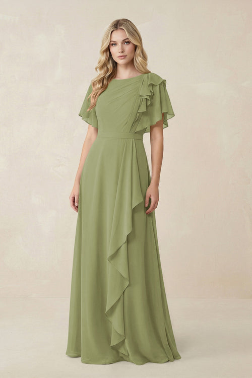 Short Sleeves Bateau A-Line Chiffon Bridesmaid Dress in Moss Green Short Sleeves Bateau A-Line Chiffon Bridesmaid Dress in Moss Green