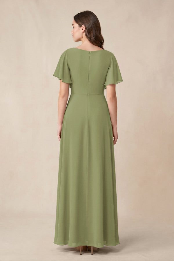 Short Sleeves Bateau A - Line Chiffon Bridesmaid Dress in Moss Green - KissProm Bridesmaid Dresses