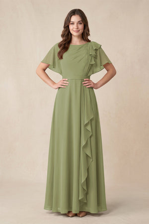 Short Sleeves Bateau A - Line Chiffon Bridesmaid Dress in Moss Green - KissProm Bridesmaid Dresses