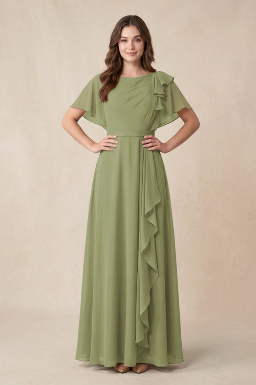 Short Sleeves Bateau A - Line Chiffon Bridesmaid Dress in Moss Green - KissProm Bridesmaid Dresses