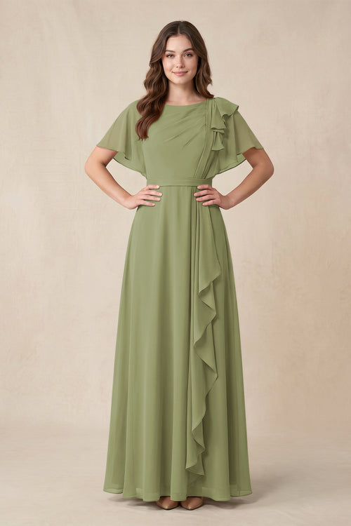 Short Sleeves Bateau A - Line Chiffon Bridesmaid Dress in Moss Green - KissProm Bridesmaid Dresses