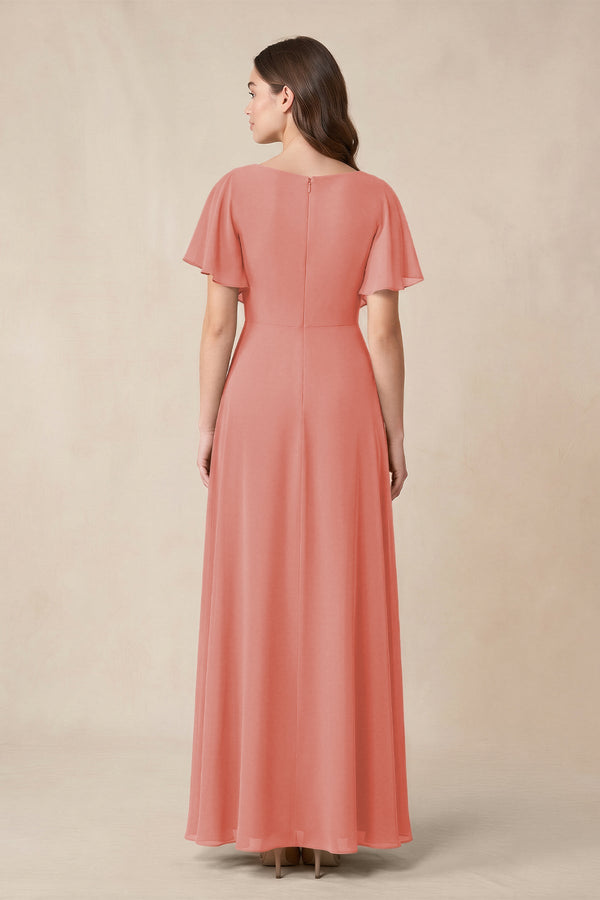 Short Sleeves Bateau A - Line Chiffon Bridesmaid Dress in Mulberry - KissProm Bridesmaid Dresses