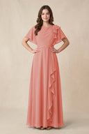 Short Sleeves Bateau A - Line Chiffon Bridesmaid Dress in Mulberry - KissProm Bridesmaid Dresses