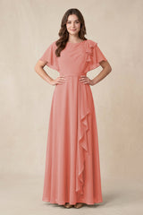 Short Sleeves Bateau A - Line Chiffon Bridesmaid Dress in Mulberry - KissProm Bridesmaid Dresses