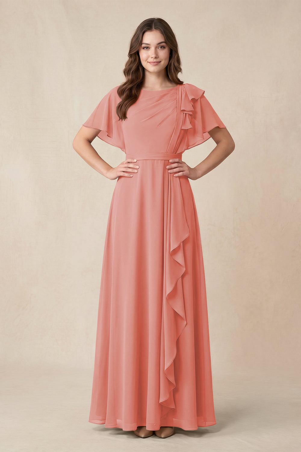 Short Sleeves Bateau A - Line Chiffon Bridesmaid Dress in Mulberry - KissProm Bridesmaid Dresses