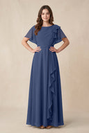 Short Sleeves Bateau A - Line Chiffon Bridesmaid Dress in Navy - KissProm Bridesmaid Dresses