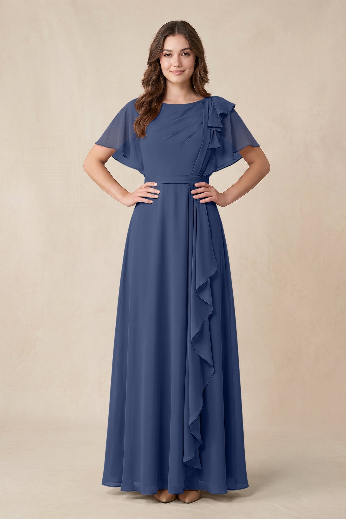 KissProm Short Sleeves Bateau A-Line Chiffon Bridesmaid Dress in Navy, Navy / 30