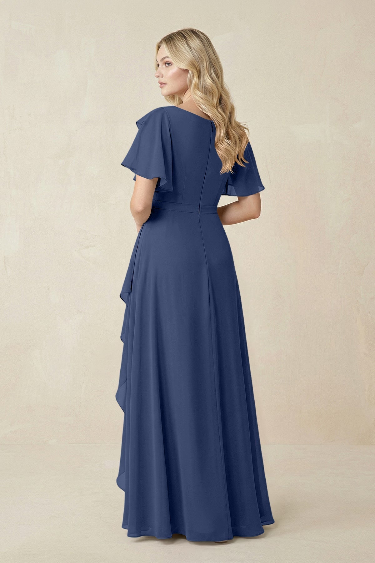KissProm | Short Sleeves Bateau A-Line Chiffon Bridesmaid Dress in Navy KissProm | Short Sleeves Bateau A-Line Chiffon Bridesmaid Dress in Navy
