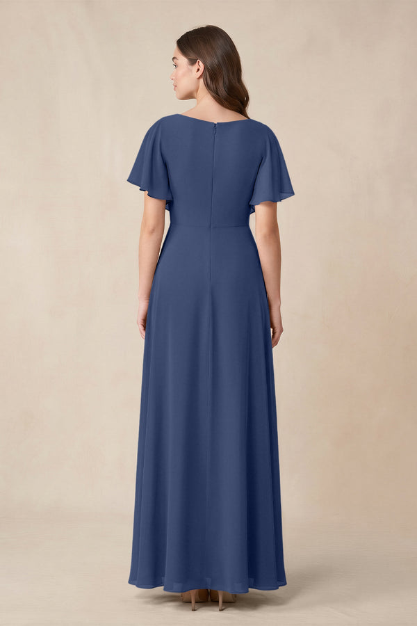 Short Sleeves Bateau A - Line Chiffon Bridesmaid Dress in Navy - KissProm Bridesmaid Dresses