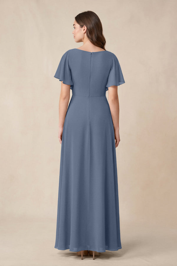 Short Sleeves Bateau A - Line Chiffon Bridesmaid Dress in Neptune - KissProm Bridesmaid Dresses