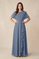 Short Sleeves Bateau A - Line Chiffon Bridesmaid Dress in Neptune - KissProm Bridesmaid Dresses