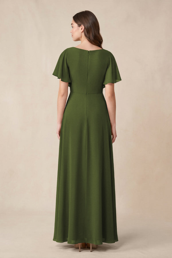 Short Sleeves Bateau A - Line Chiffon Bridesmaid Dress in Olive - KissProm Bridesmaid Dresses