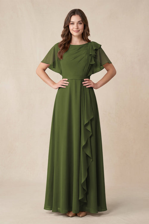 Short Sleeves Bateau A - Line Chiffon Bridesmaid Dress in Olive - KissProm Bridesmaid Dresses