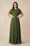 Short Sleeves Bateau A - Line Chiffon Bridesmaid Dress in Olive - KissProm Bridesmaid Dresses