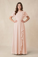 Short Sleeves Bateau A - Line Chiffon Bridesmaid Dress in Pale Blush - KissProm Bridesmaid Dresses
