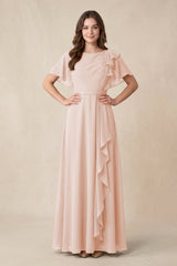 Short Sleeves Bateau A - Line Chiffon Bridesmaid Dress in Pale Blush - KissProm Bridesmaid Dresses