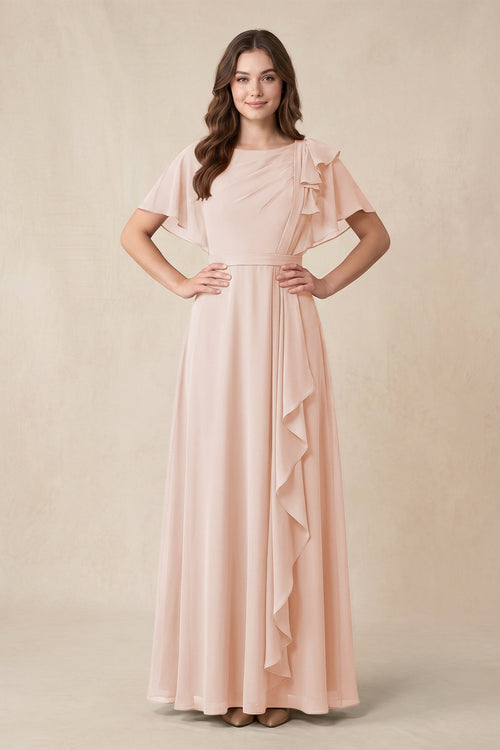 Short Sleeves Bateau A - Line Chiffon Bridesmaid Dress in Pale Blush - KissProm Bridesmaid Dresses