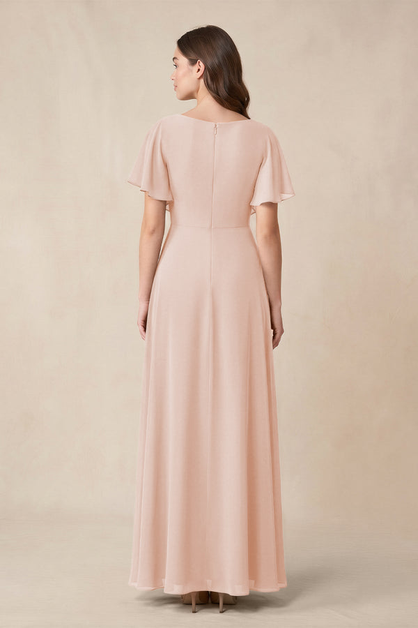 Short Sleeves Bateau A - Line Chiffon Bridesmaid Dress in Pale Blush - KissProm Bridesmaid Dresses