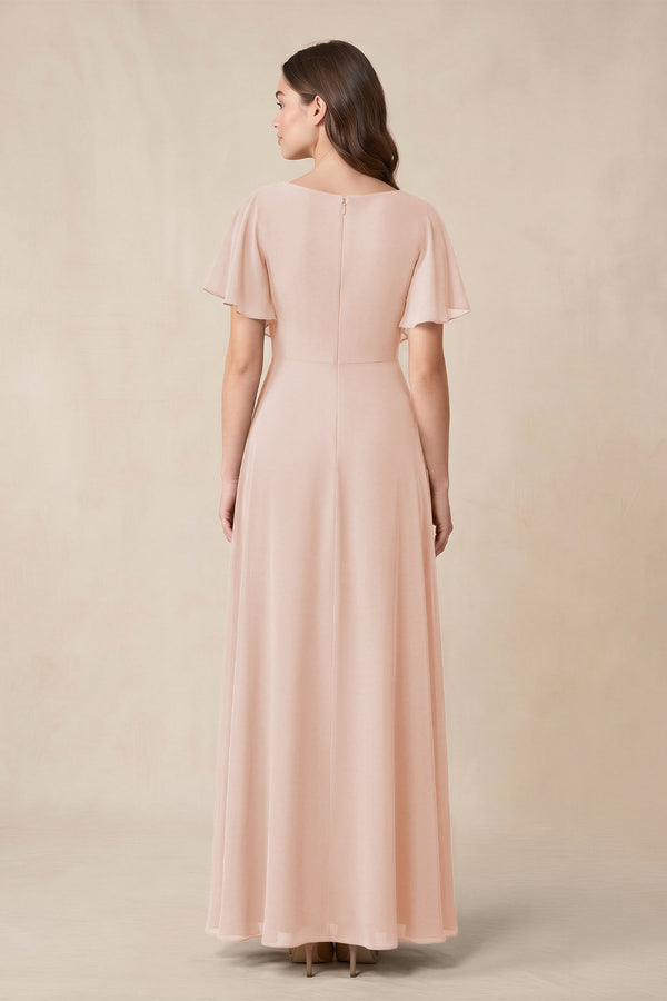 Short Sleeves Bateau A - Line Chiffon Bridesmaid Dress in Pale Blush - KissProm Bridesmaid Dresses