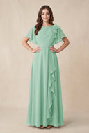 Short Sleeves Bateau A - Line Chiffon Bridesmaid Dress in Pale Pistachio - KissProm Bridesmaid Dresses