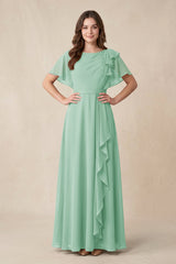 Short Sleeves Bateau A - Line Chiffon Bridesmaid Dress in Pale Pistachio - KissProm Bridesmaid Dresses