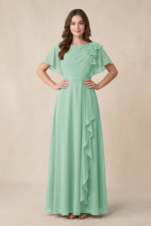 Short Sleeves Bateau A - Line Chiffon Bridesmaid Dress in Pale Pistachio - KissProm Bridesmaid Dresses