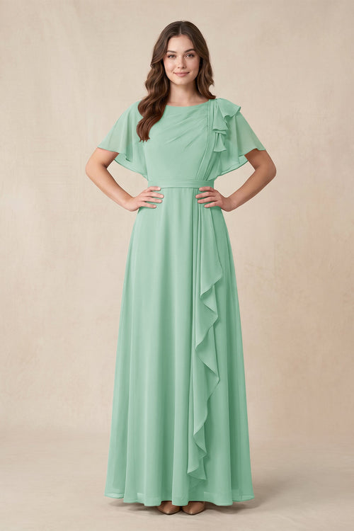 Short Sleeves Bateau A - Line Chiffon Bridesmaid Dress in Pale Pistachio - KissProm Bridesmaid Dresses