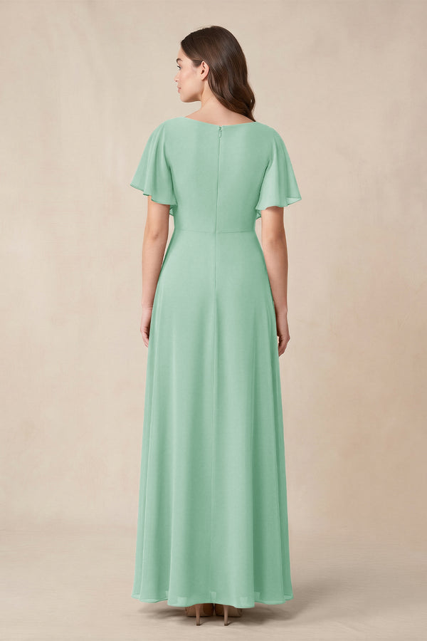 Short Sleeves Bateau A - Line Chiffon Bridesmaid Dress in Pale Pistachio - KissProm Bridesmaid Dresses
