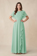 Short Sleeves Bateau A - Line Chiffon Bridesmaid Dress in Pale Pistachio - KissProm Bridesmaid Dresses