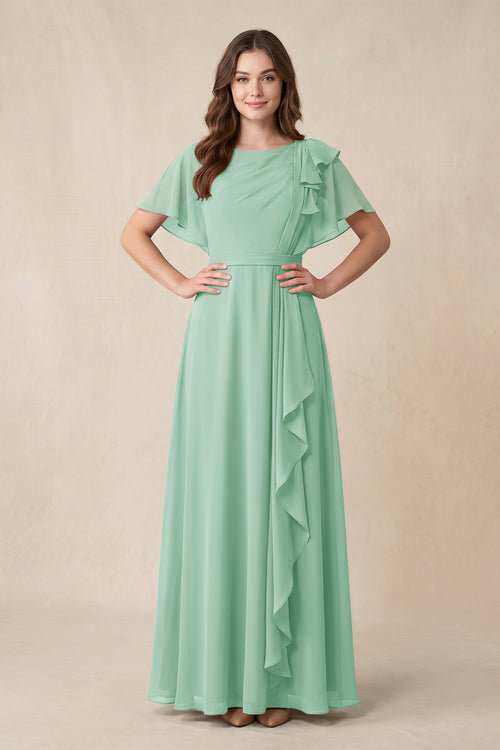Short Sleeves Bateau A - Line Chiffon Bridesmaid Dress in Pale Pistachio - KissProm Bridesmaid Dresses