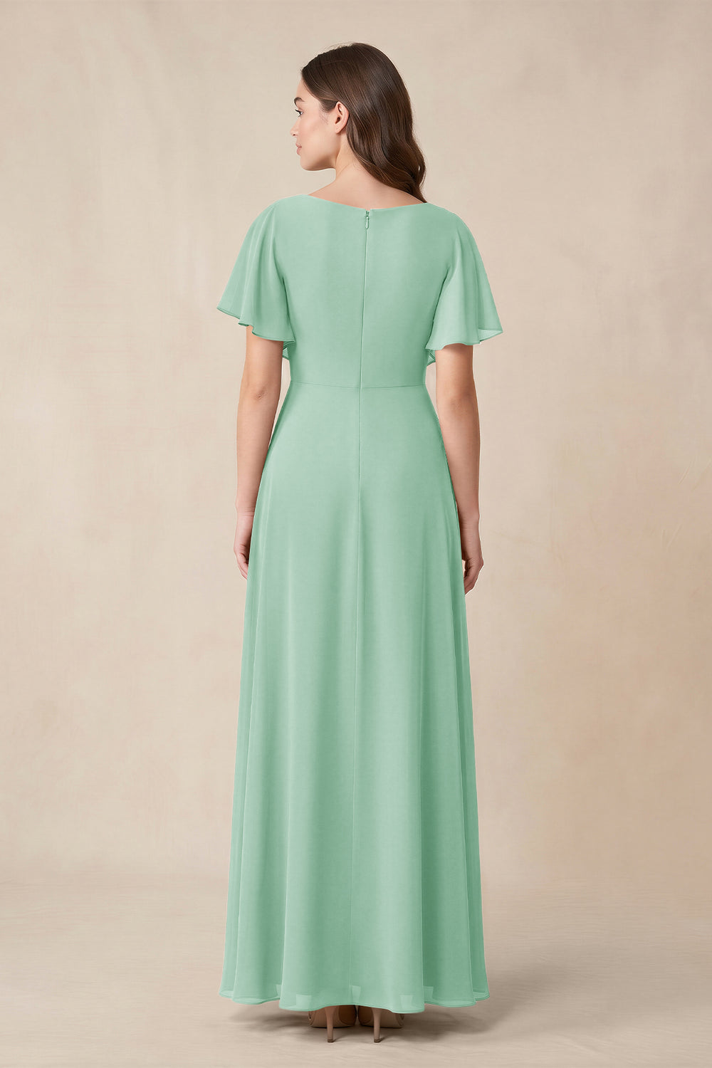 Short Sleeves Bateau A - Line Chiffon Bridesmaid Dress in Pale Pistachio - KissProm Bridesmaid Dresses
