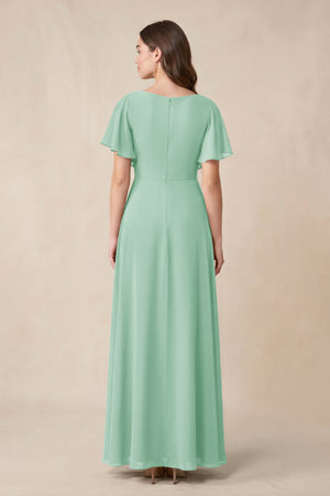 Short Sleeves Bateau A - Line Chiffon Bridesmaid Dress in Pale Pistachio - KissProm Bridesmaid Dresses