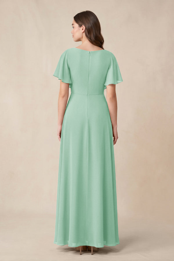 Short Sleeves Bateau A - Line Chiffon Bridesmaid Dress in Pale Pistachio - KissProm Bridesmaid Dresses
