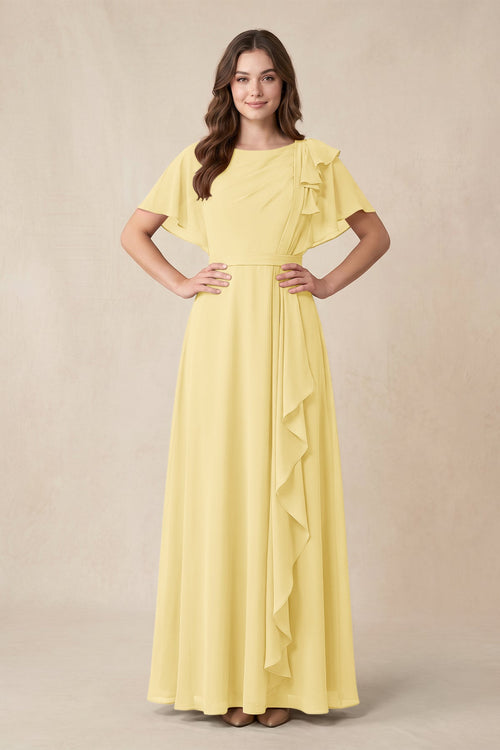 Short Sleeves Bateau A - Line Chiffon Bridesmaid Dress in Pastel Yellow - KissProm Bridesmaid Dresses