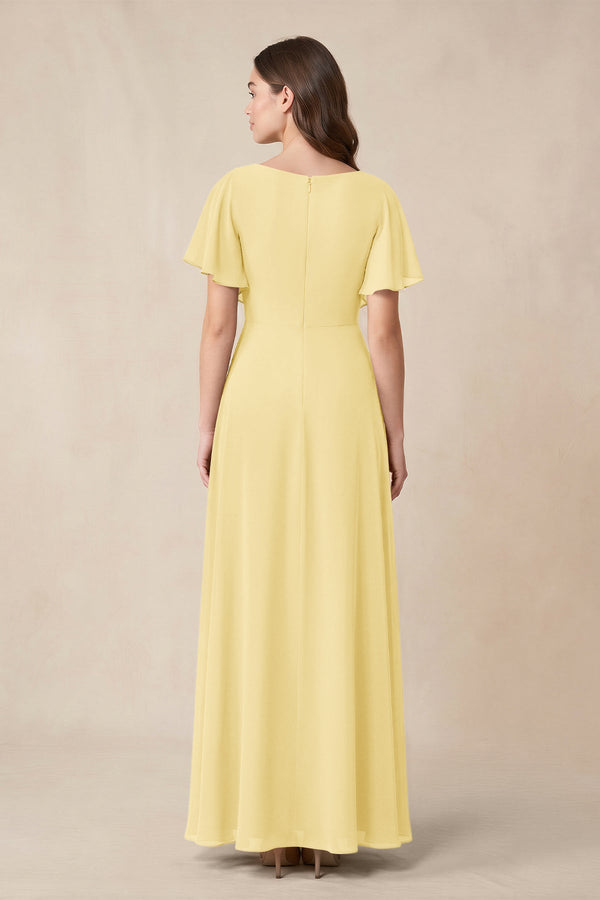 Short Sleeves Bateau A - Line Chiffon Bridesmaid Dress in Pastel Yellow - KissProm Bridesmaid Dresses