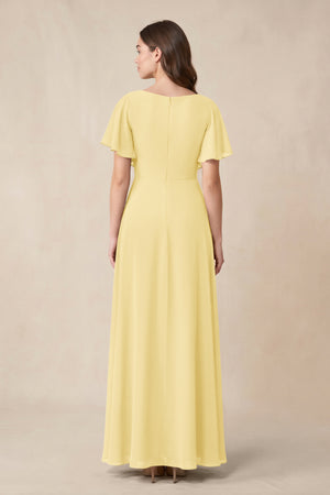 Short Sleeves Bateau A - Line Chiffon Bridesmaid Dress in Pastel Yellow - KissProm Bridesmaid Dresses