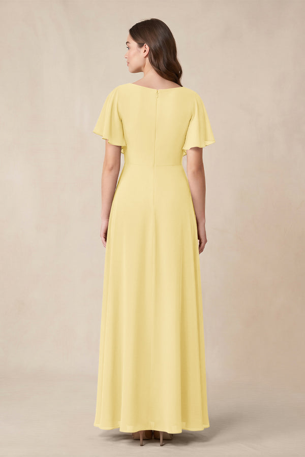 Short Sleeves Bateau A - Line Chiffon Bridesmaid Dress in Pastel Yellow - KissProm Bridesmaid Dresses