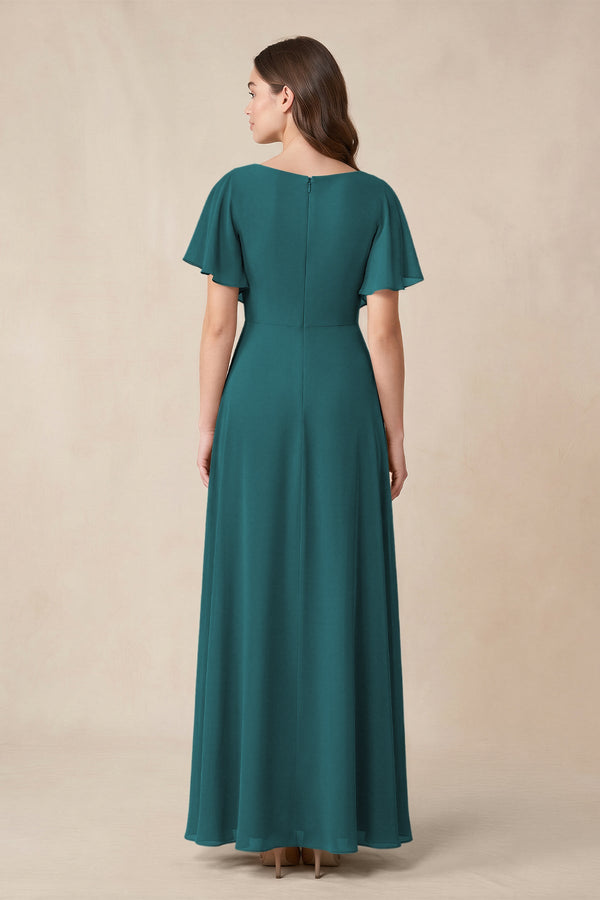 Short Sleeves Bateau A - Line Chiffon Bridesmaid Dress in Pine - KissProm Bridesmaid Dresses