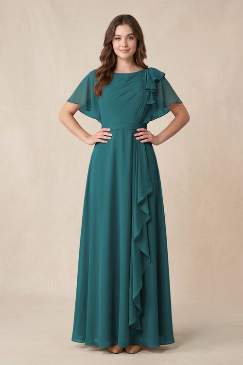 Short Sleeves Bateau A - Line Chiffon Bridesmaid Dress in Pine - KissProm Bridesmaid Dresses
