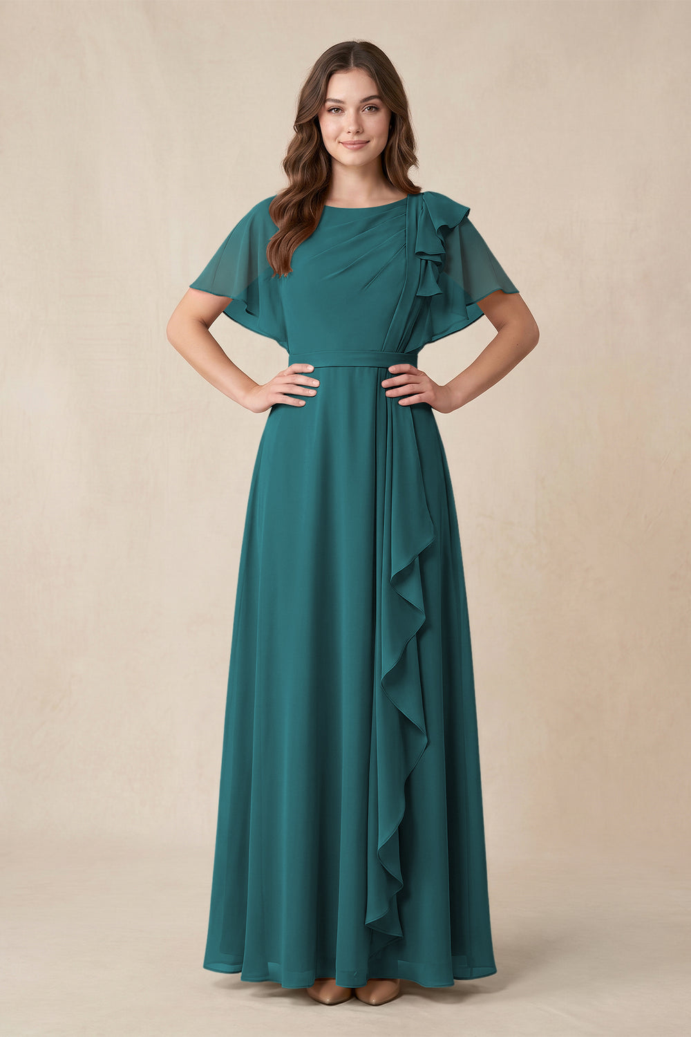 Short Sleeves Bateau A - Line Chiffon Bridesmaid Dress in Pine - KissProm Bridesmaid Dresses