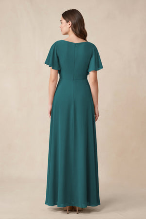 Short Sleeves Bateau A - Line Chiffon Bridesmaid Dress in Pine - KissProm Bridesmaid Dresses