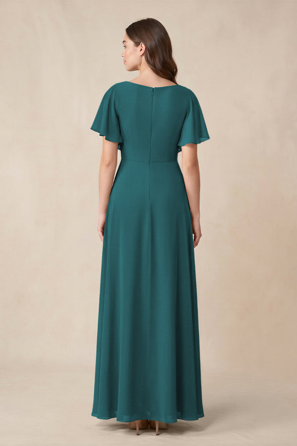 Short Sleeves Bateau A - Line Chiffon Bridesmaid Dress in Pine - KissProm Bridesmaid Dresses