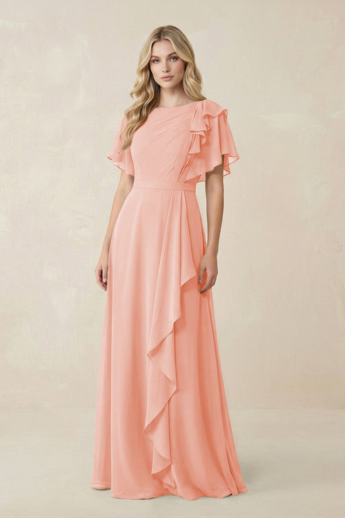KissProm | Short Sleeves Bateau A-Line Chiffon Bridesmaid Dress in Rose  Petal