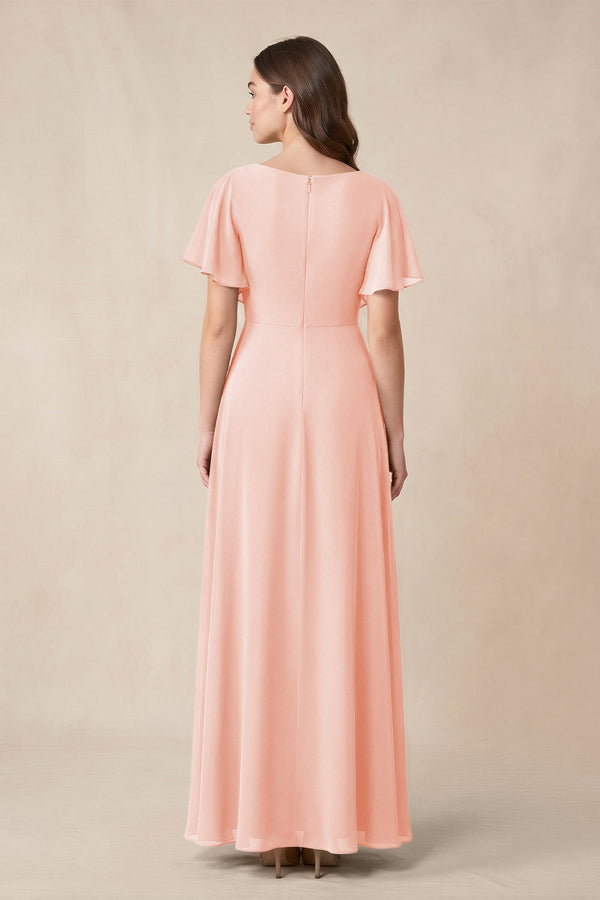 Short Sleeves Bateau A - Line Chiffon Bridesmaid Dress in Rose Petal - KissProm Bridesmaid Dresses