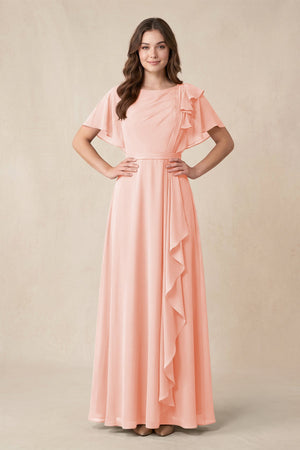 Short Sleeves Bateau A - Line Chiffon Bridesmaid Dress in Rose Petal - KissProm Bridesmaid Dresses
